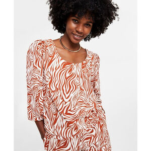 BAR III Women's Brown and Cream Animal-Print Scoop-Neck Puff-Sleeve Top NWT